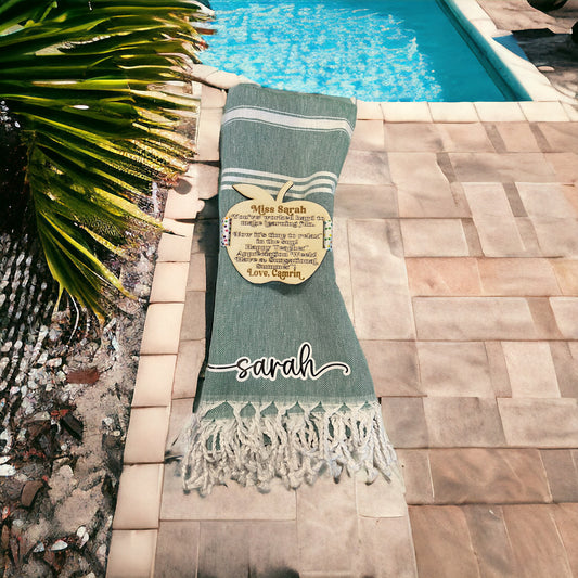 Personalized Oversized Beach Towel w/ Laser Engraved Tag
