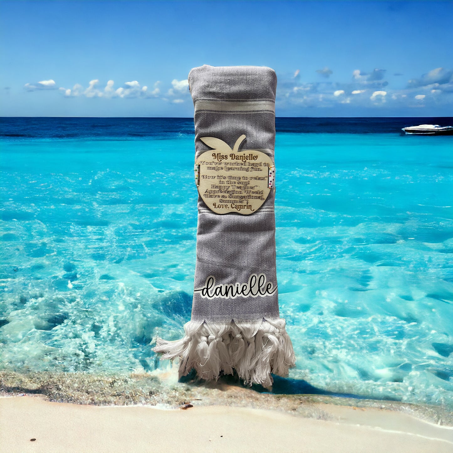 Personalized Oversized Beach Towel w/ Laser Engraved Tag